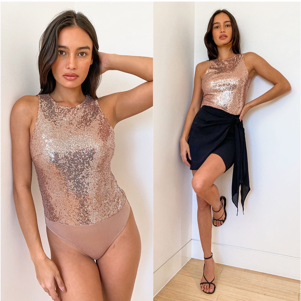 Lulu’s | Shine It Up Rose Gold Sequin Sleeveless Bodysuit